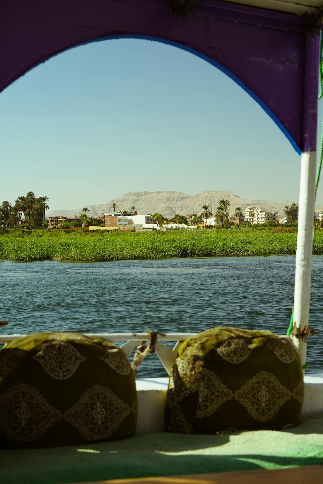 Captivating view of the Nile River from a boat, capturing lush greenery and distant Egyptian town.